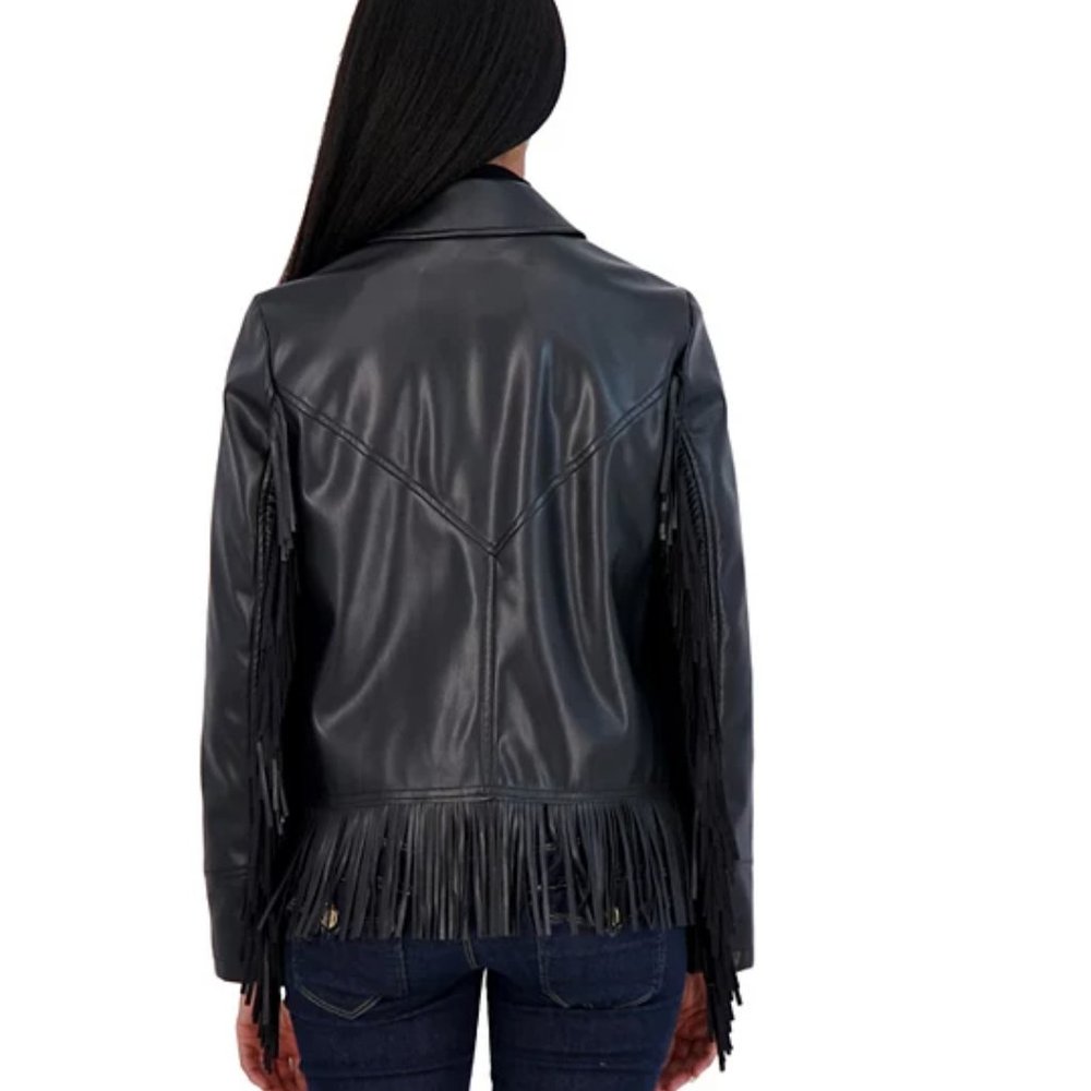 BIG SALE! Women's Black Faux-Leather Fringe Jacket By Sebby - Size M - Picture 8 of 8